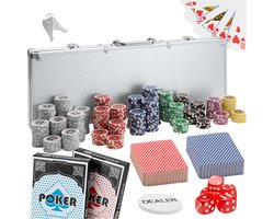 tectake® Pokerkoffer - Aluminium Pokerset incl. Pokerchips - Inclusief 2 Kaartspellen, 5 Dobbelstenen en 1 Dealerbutton - Zilver - Ideaal voor Pokeravonden en Casinospellen (Set met 500 Poker Chips)