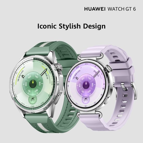 Twee Huawei Watch GT 6 smartwatches, één groen, één paars.