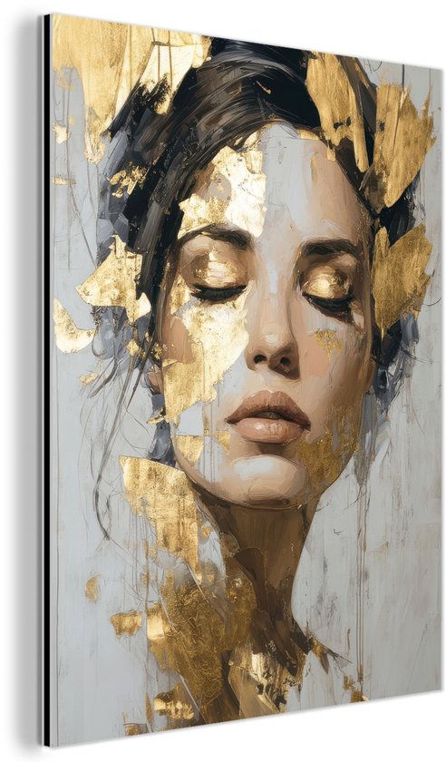 Tableau aluminium 90x120 cm - Décoration murale métal - Gracieux - Femme - Or - Yeux - Décoration murale métal salon - Décoration industrielle - Photo sur dibond - Accessoires industriels chambre
