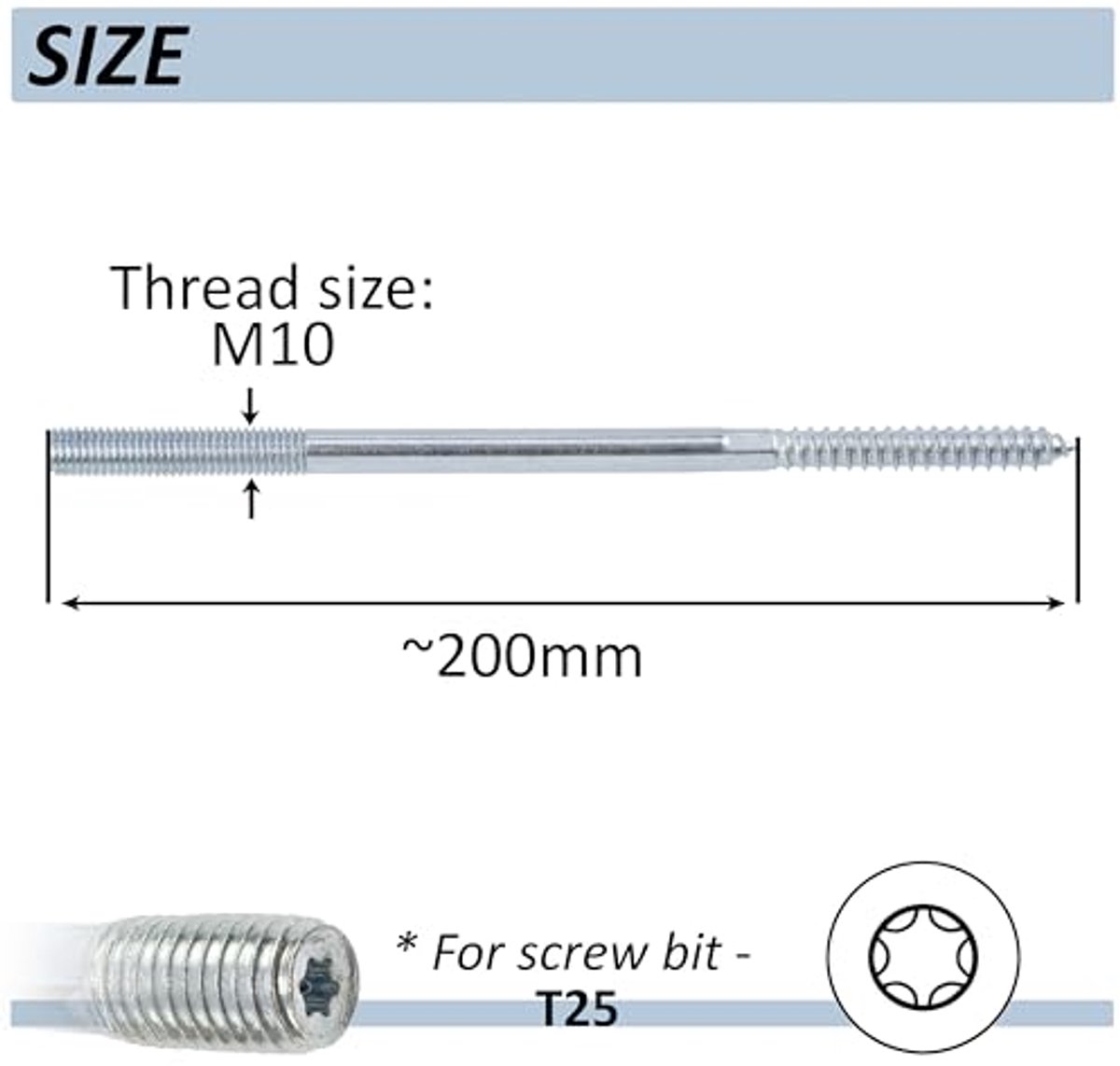 C75903 - Set van 12 schroeven met dubbele draad M10 x 200 mm - Stalen schroefstang - T25 sterafdruk