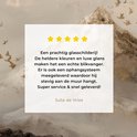 Een glazen schilderij van een berglandschap met vliegende vogels, met een recensie van Julia de Vries.