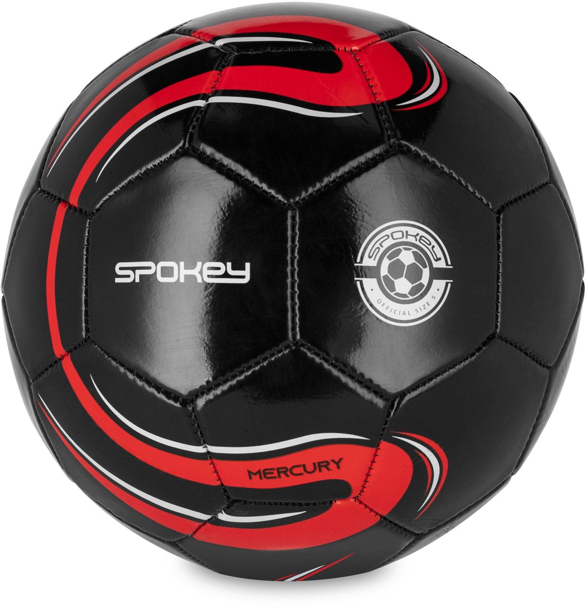 Spokey MERCURY Voetbal - Zwart / Rood - Maat 5 - 32 Panels - 1,8 mm SHINY PVC - Geschikt voor Grasvelden - Gewicht 400-420 g - Machine gestikt