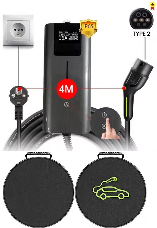 MoTronics by Junsun SYCDQ1164AG Laadkabel Type 2 – Mobiele Thuislader Elektrische Auto – 16A – 3.5kW – 4M – Instelbare Laadstroom en Laadtijd – Uitgesteld Laden – Schuko Stekker – IP65 Waterdicht – LCD Display – Inclusief Gratis Opbergtas