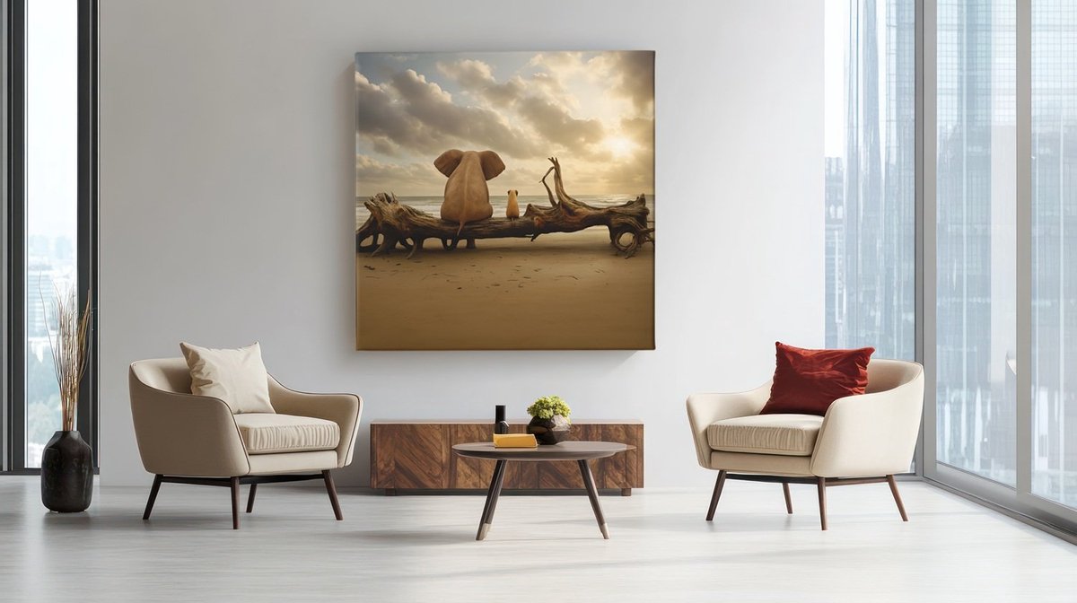 Trendex Global Vierkant Canvas Schilderij - Olifant bij Zonsondergang - 60x60x2 cm Bruin