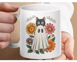 Mok Halloween Geest Kat en Bloemen Themamok, Feestelijke Drinkwaren, Halloween Decor, Herfstmok, Unieke Koffiemok, Koffiemok met Kat Geest.