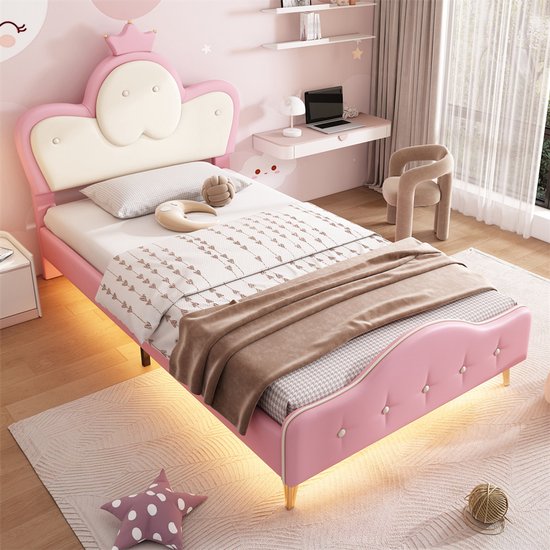 Gestoffeerd bed kinderbed 90 x 200 cm, meisjesbed, LED