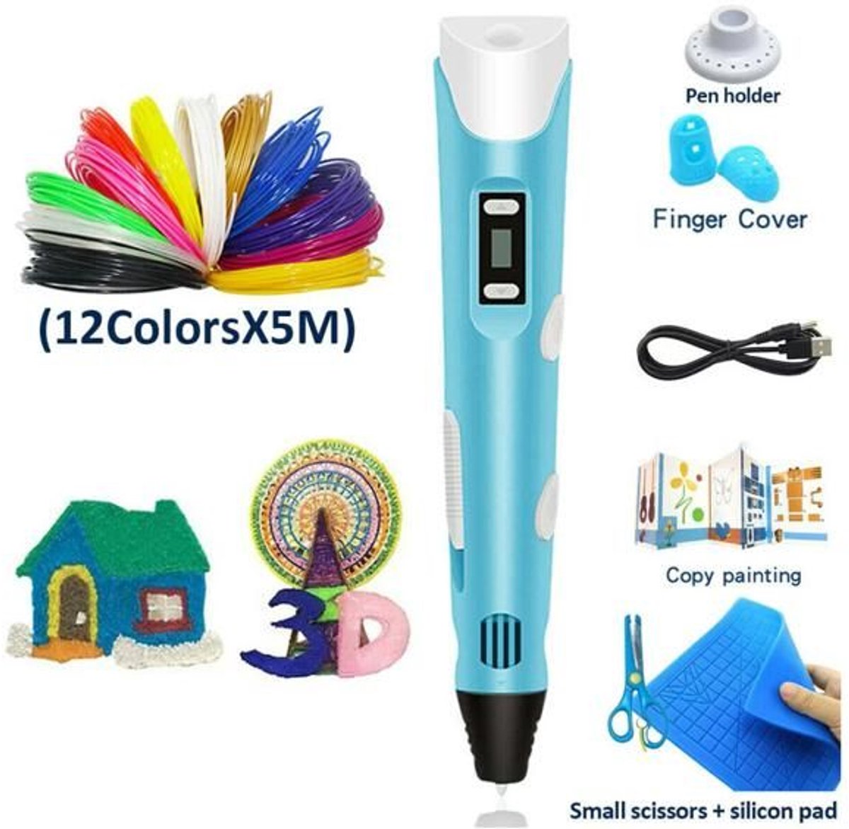 Image of 3D-printpenset Doodle Printer Tekening 12 kleuren PLA Filament Cadeau voor kinderen - Blauw