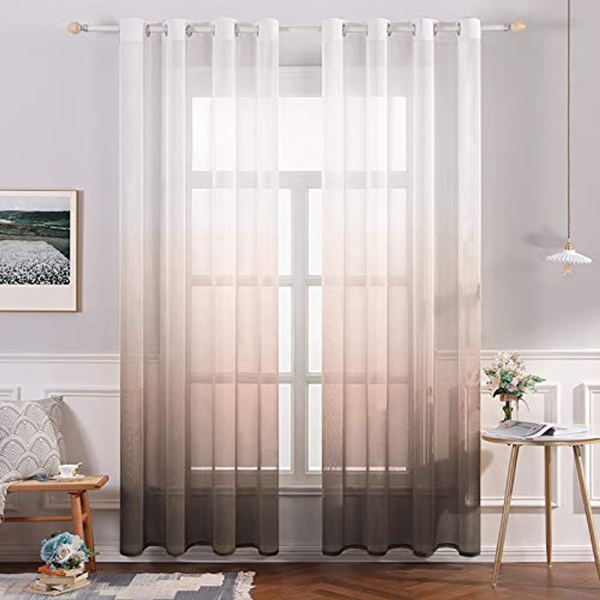 Transparante Kleurverloop Gordijnen Vitrage Set van 2 – Decoratieve Voile voor Slaap- en Woonkamer – 225 x 140 cm Wit Koffiebruin