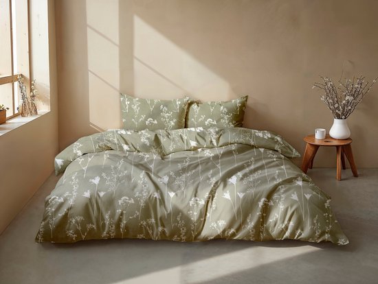 Housse de couette Zohome Yarrow - Verte - 2 places - 100 % Katoen- Flanelle - Fleurs - 260 x 220 cm + 2 taies d'oreiller 60 x 70 cm