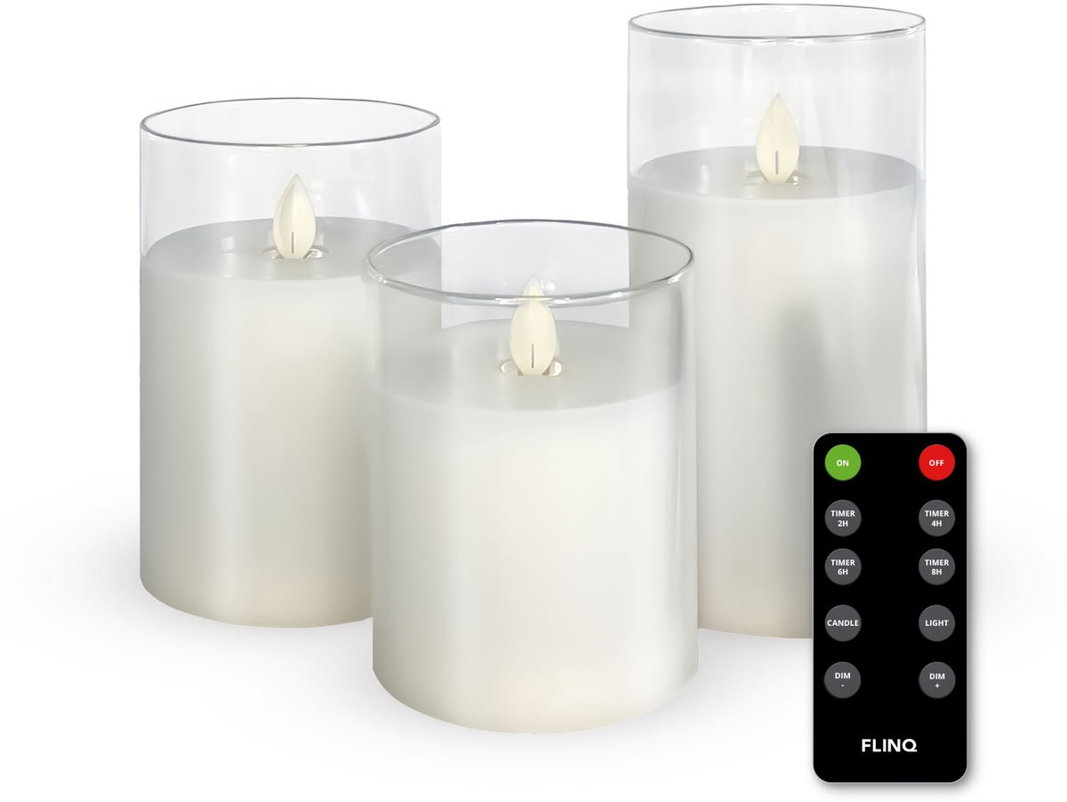 FlinQ LED Kaarsen met Bewegende Vlam in Smoked Glass - Inclusief Afstandsbediening met Timer en Dimfunctie - Nep Kaarsen met Flikkerende Vlam - Dinerkaarsen - 3 stuks - Transparant