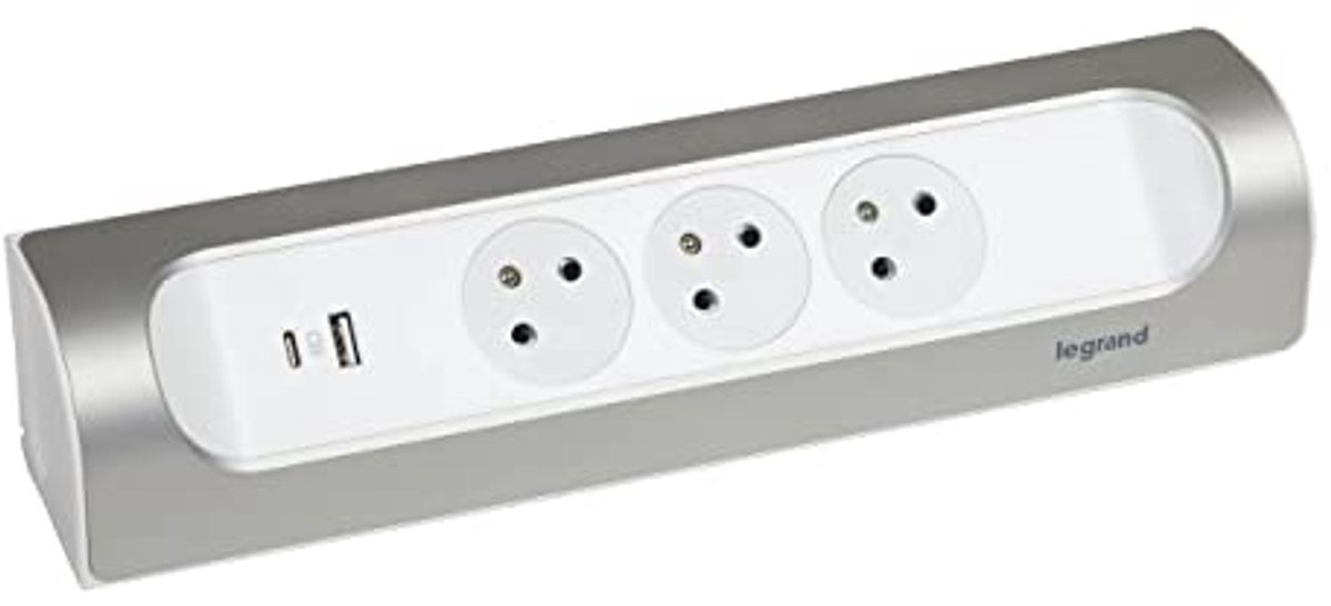 Kabel-hoekstekkerdoos met 3 stopcontacten en USB-aansluitingen - Voor horizontale of verticale installatie - Wit en aluminium
