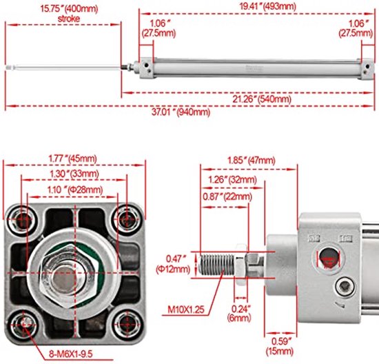 Heschen De pneumatische Standaardcilinder, Sc 40-800, PT1/4 Haven, 40mm droeg, 800mm Slag, Dubbelwerkend