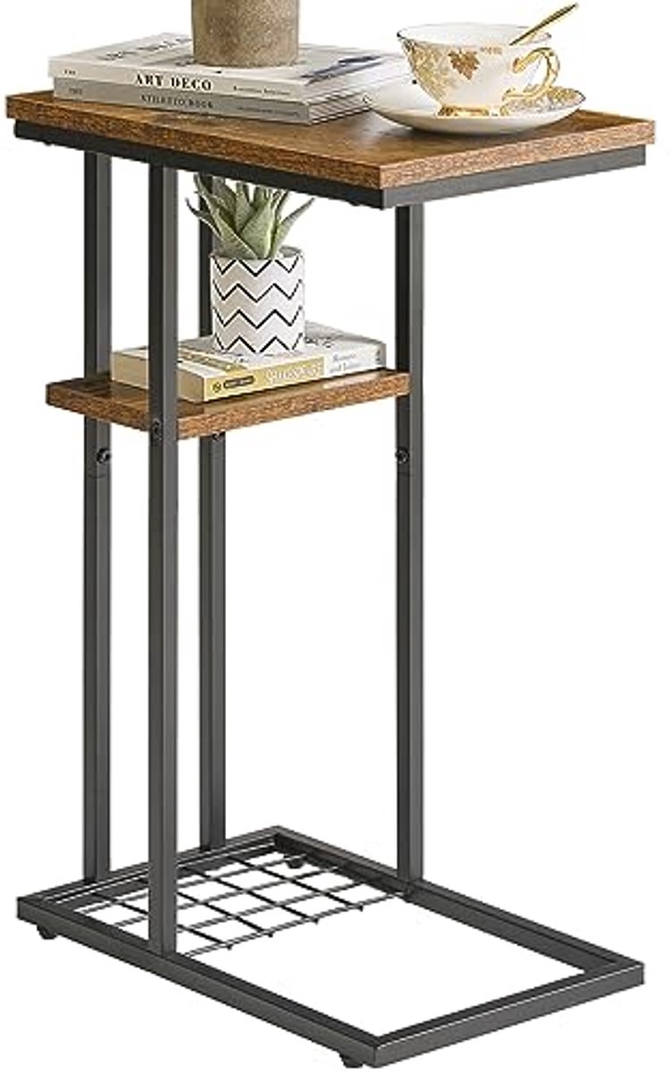 C-vormige lage bijzettafel met 2 etages en metalen frame voor woonkamer, slaapkamer en kantoor
