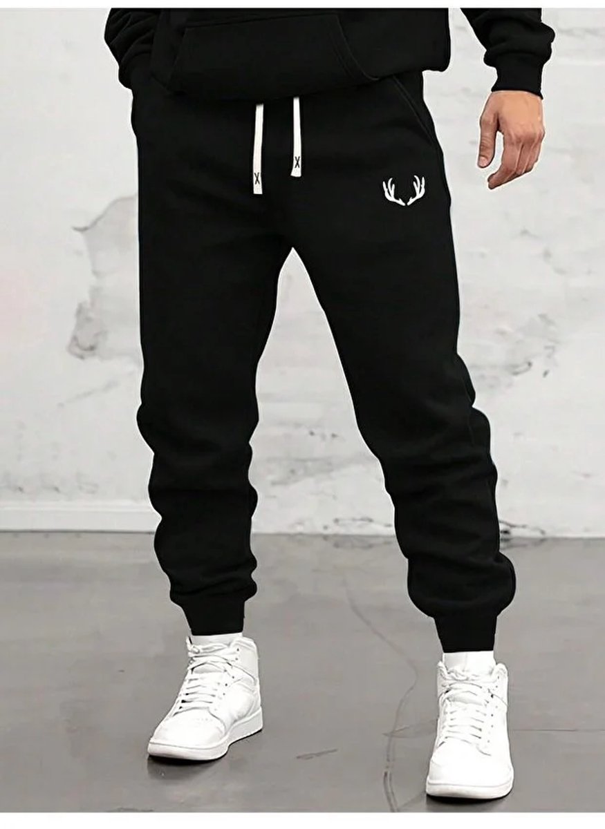 Trendy Joggingbroek met Comfortabele Pasvorm, Sportieve Stijl & Uniek Gewei-Detail voor Heren - Zwart witdetails - 4XL