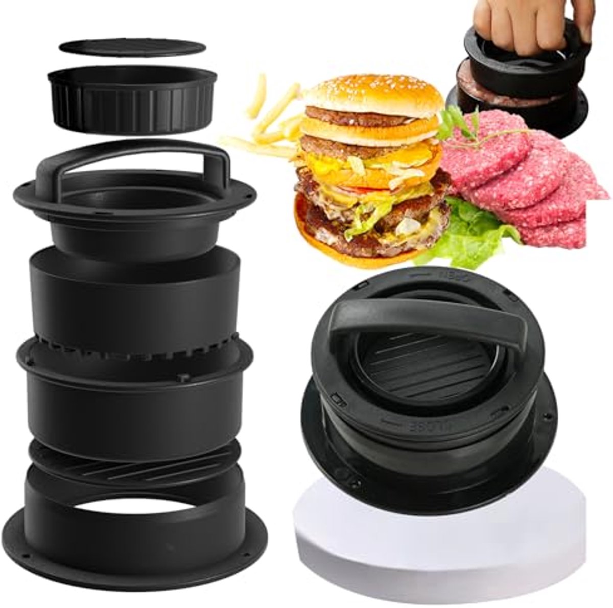 3-in-1 Hamburgerpers Set met 100 Vellen Bakpapier en Diverse Patty Maten