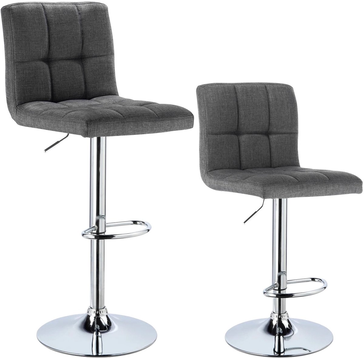 Set van 2 Linnen Barkrukken – In Hoogte Verstelbare Barstoelen met Rugleuning – Chroom Stalen Frame - Gewatteerde Zitting – Hoge Krukken voor Keuken, Bar, Bistro & Eetkamer - Stoelen Donkergrijs