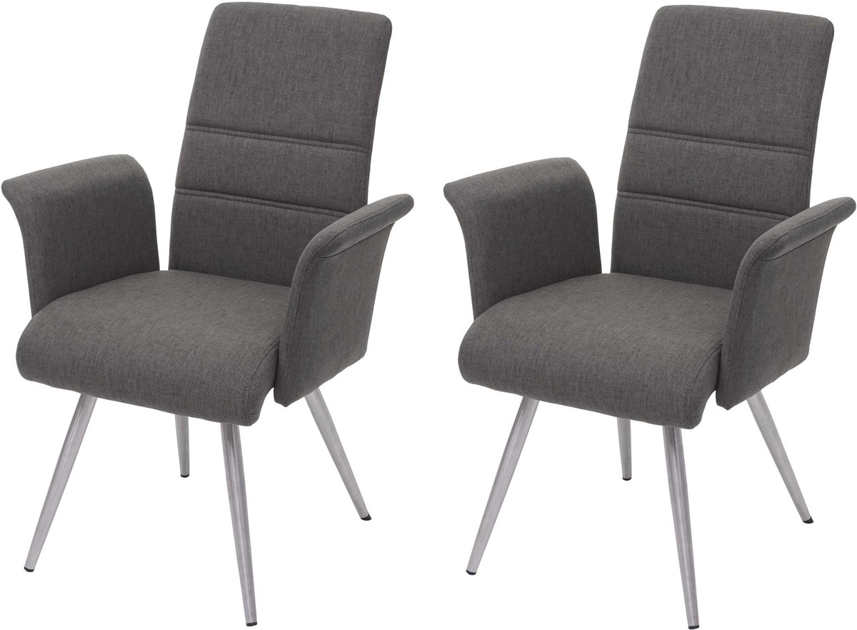 MCW Set van 2 eetkamerstoelen MCW-G55, keukenstoel Stoel met armleuningen, stof/textiel geborsteld roestvrij staal ~ grijsbruin
