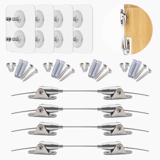Set met metalen beugels, schroeven, pluggen, transparante plakstrips en staalkabels voor meubelbeveiliging.