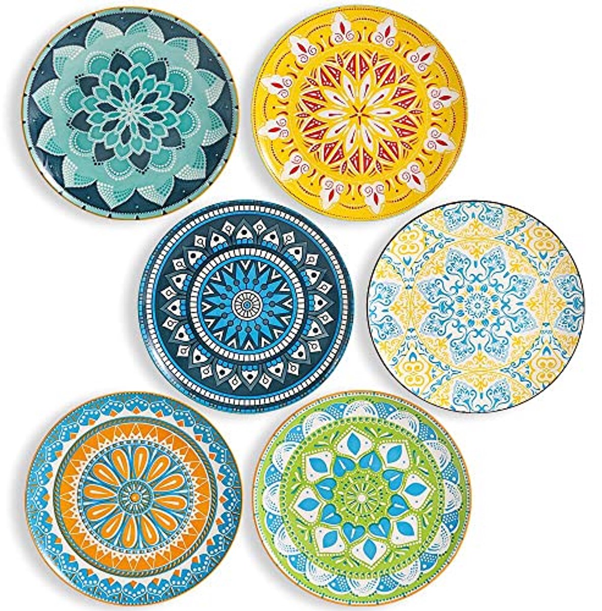 Set van 6 Grote Keramische Dinerborden - 25.4 cm - Kleurige Patronen - Vaatwasser, Magnetron, Oven Veilig