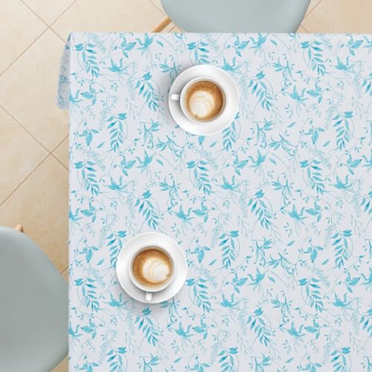 Modern Blauwe PVC Tafelkleed met Bladeren Patroon - Herbruikbaar en Afwasbaar