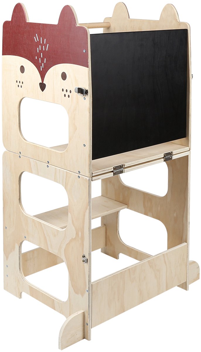 PIPIPOXER-2-in-1 houten leertoren voor kinderen met schoolbordpedaal en veiligheidsbeugel, voor badkamers en keukens. B