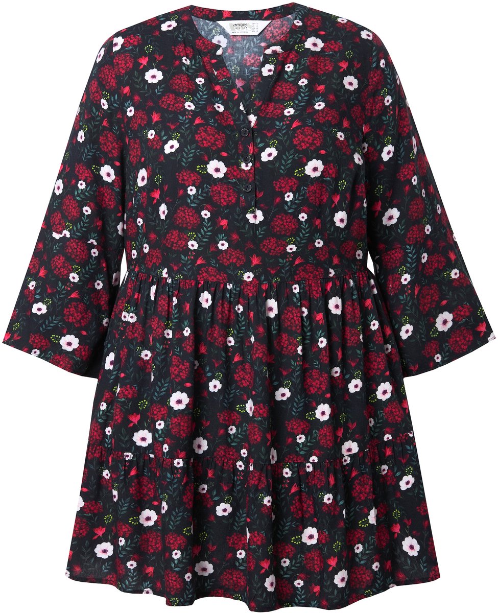 Angel of Style - Dames - Blouse A-lijn bloemen 3/4-mouwen volants - Zwart - Maat 42