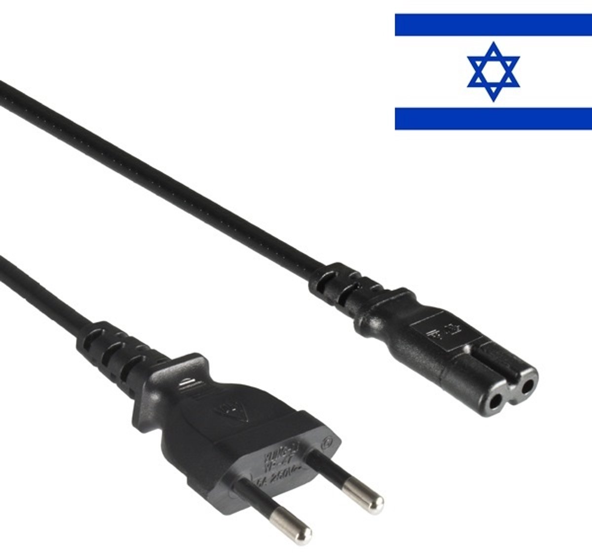 Stroomkabel met rechte C7 plug en rechte Euro CEE 7/16 (Israël) stekker - 2x 0,75mm / zwart - 1,8 meter