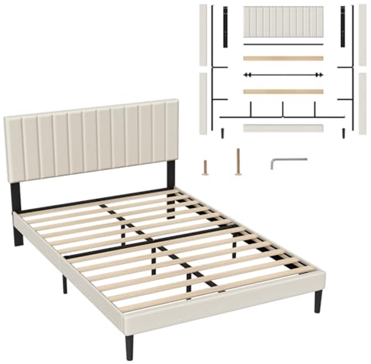 Gestoffeerd Bed 140 x 200 cm met Gevoerd Hoofdeinde in Beige – Modern Platformbed voor Volwassenen
