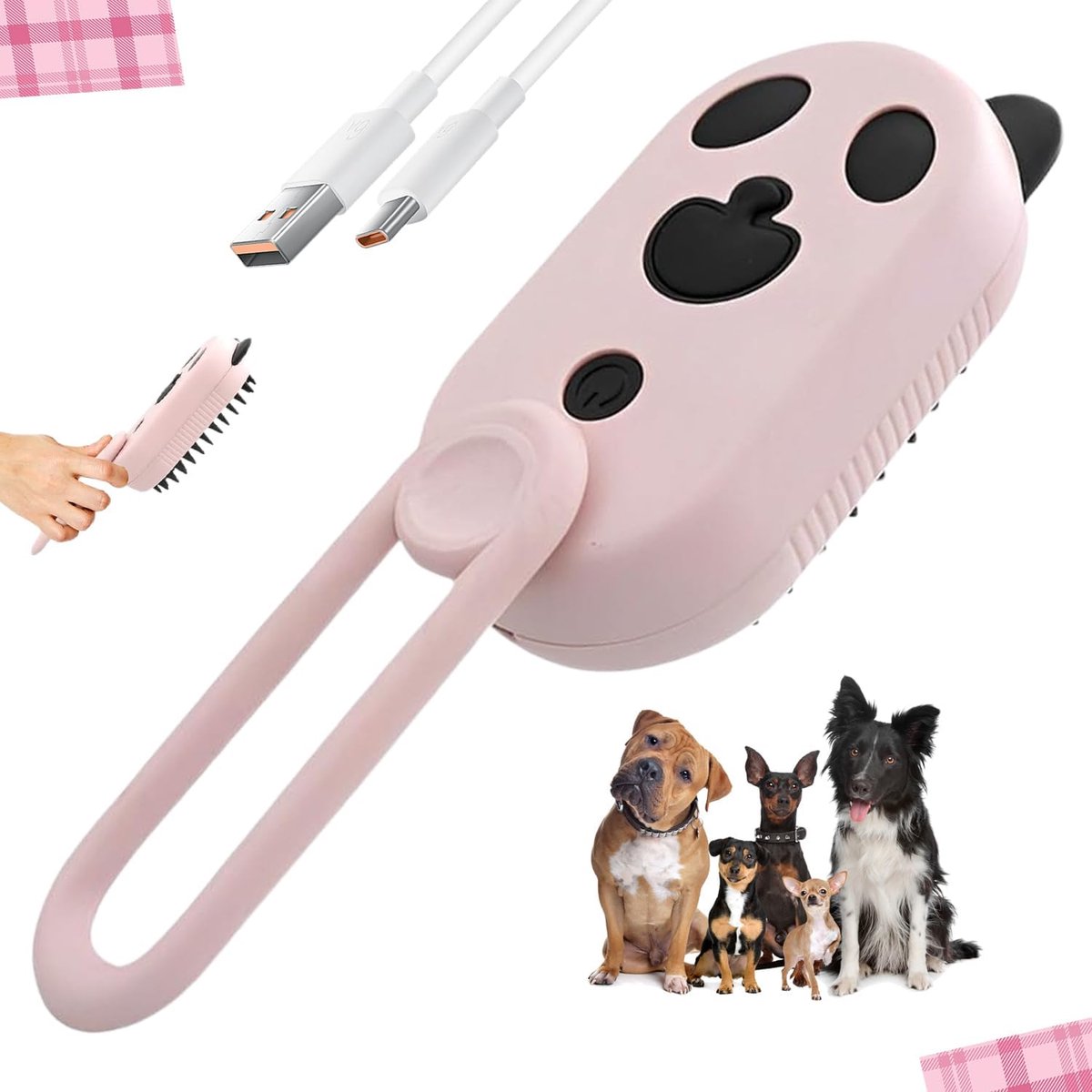 Stoomborstel voor katten, oplaadbare kattenborstel met sproeiknop, 3-in-1 stoomborstel voor katten en honden, kattenverzorgingsborstel, ideaal voor massage en verzorging (roze)