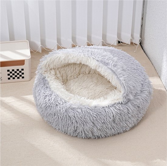 Panier pour chat Livista en peluche - Niche super confortable - Forme coquille semi-fermée - Convient aux chatons et chiots jusqu'à 10 kg - Gris clair