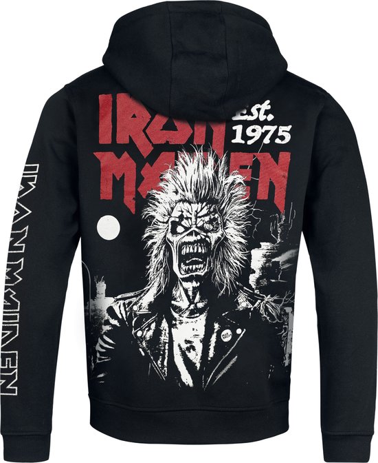 Zwarte hoodie met op de rug het Iron Maiden logo en Eddie.