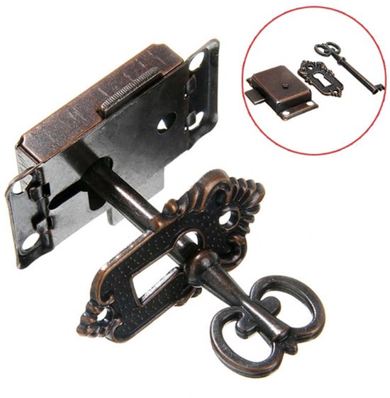 Antiek bronzen slot met sierlijke sleutel, apart getoond.