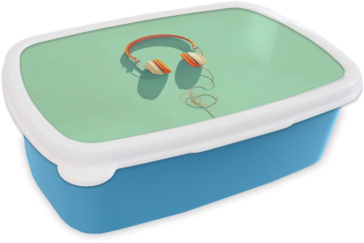 Broodtrommel Blauw - Lunchbox Koptelefoon - Oranje - Snoer - Minimalistisch - Brooddoos 18x12x6 cm - Brood lunch box - Broodtrommels voor kinderen en volwassenen