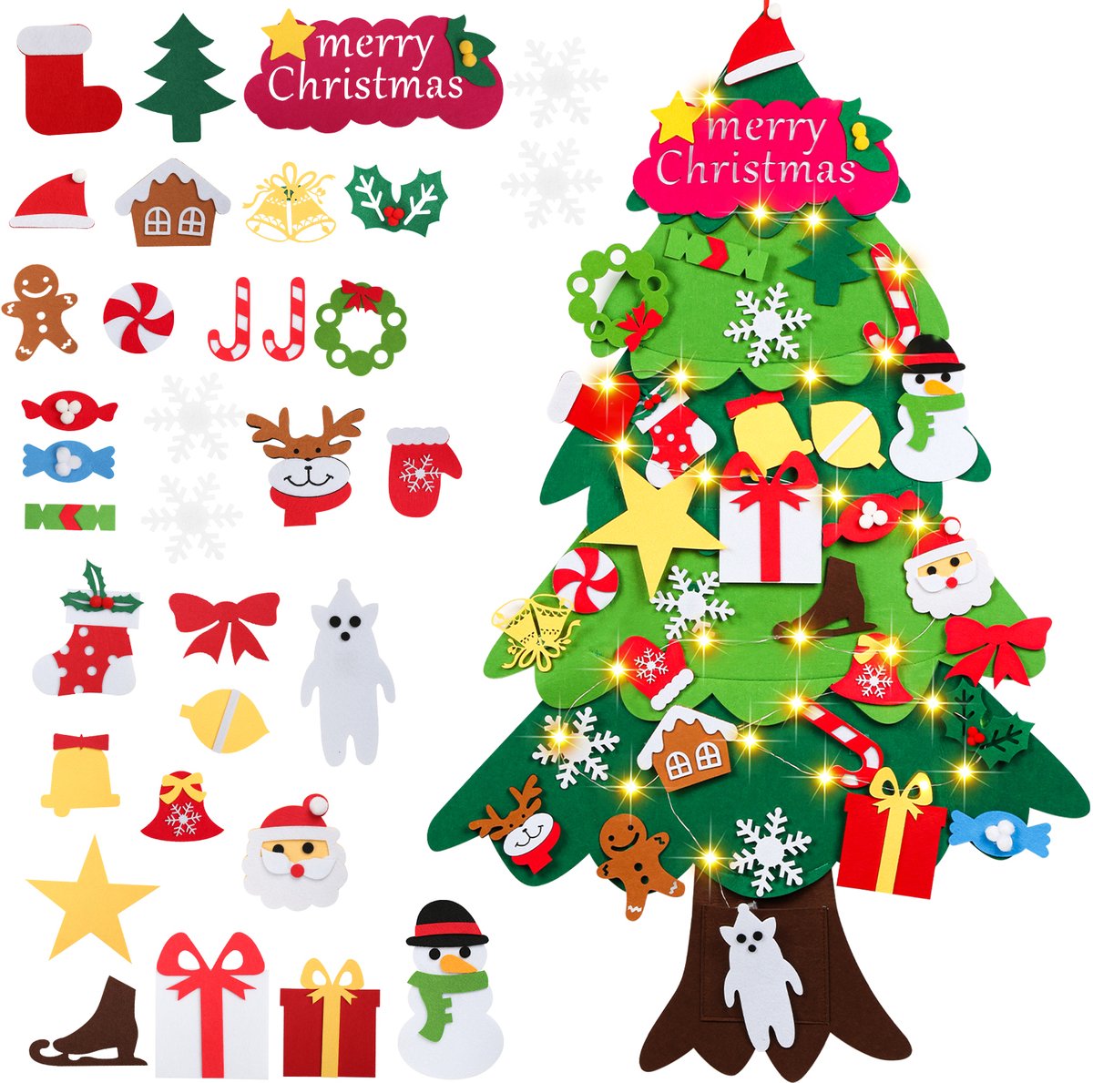 Vilten kerstboom, wandversiering voor de feestdagen, voor op de voordeur, wand, kerstdecoratie, DHZ, vilten kerstboom met 33 stuks afneembare ornamenten, met verlichting – foto 4