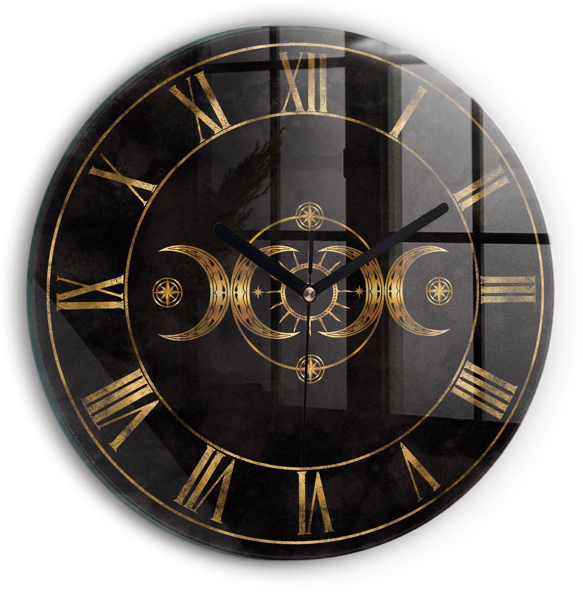 Wallfluent Wandklok - Gouden Romeinse cijfers Klok als Muurdecoratie - 30 cm x 30 cm - Zwart Wandklok - Zwarte Handen - Klok zonder getallen - Kinder Wandklok Glas - Klok met Afbeelding - Moderne Wandklok - Stijlvolle Klok