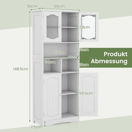 COSTWAY Badkamerkast, vrijstaande hoge kast met 4 deuren, planken en verstelbare plank, badkamerkast met kantelbeveiliging voor woonkamer, badkamer, keuken, wit, 60 x 30 x 148,5 cm