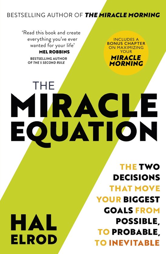 Boek: The Miracle Equation. Titel in grote zwarte letters op een groene en witte achtergrond. Bevat citaten van Mel Robbins.