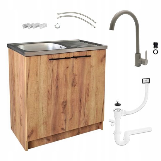 STAMAR - Meuble de cuisine 80 cm avec évier et robinetterie - Chêne Goud