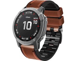 Stravo Siliconen Bandje met Echt Leren Details voor Garmin Fenix 9/9 Pro 47mm, Fenix 8/8 Pro 47mm, Fenix E, Fenix 7/7 Pro, Fenix 6/6 Pro & Epix/Epix Pro Gen 2 47mm – QuickFit 22mm – Siliconen & Leer – Bruin