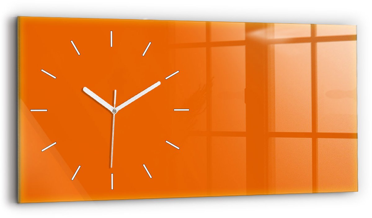 Wallfluent Wandklok - Oranje Rechthoekige Glazen Wandklok - 60 cm x 30 cm - Oranje Wandklok - Witte Handen - Wandklok Zonder Cijfers - Wandklok Glas Woonkamer - Glazen Klok Rechthoekige - Minimalistisch Wandklok - Rechthoekige Glas Klok