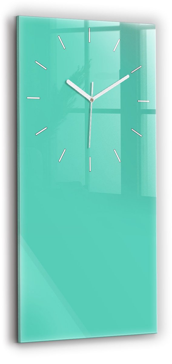 Wallfluent Wandklok - Turkoois Rechthoekige Glas Klok - 30 cm x 60 cm - Turkoois Wandklok - Witte Handen - Wandklok Zonder Cijfers - Wandklok Glas Woonkamer - Rechthoekige Glazen Wandklok - Scandinavisch Wandklok - Glazen Klok Rechthoekige