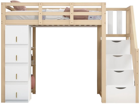 Lit mezzanine - Merax - 90x200cm - Échelle de rangement - Blanc - Garde
