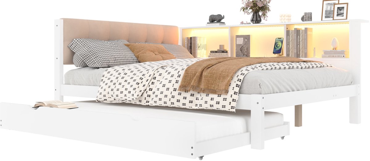 Merax Tweepersoonsbed 140x200 met Uitschuifbaar Logeerbed 90x190 – LED-verlichting – USB-aansluiting – Boekenplanken – Wit