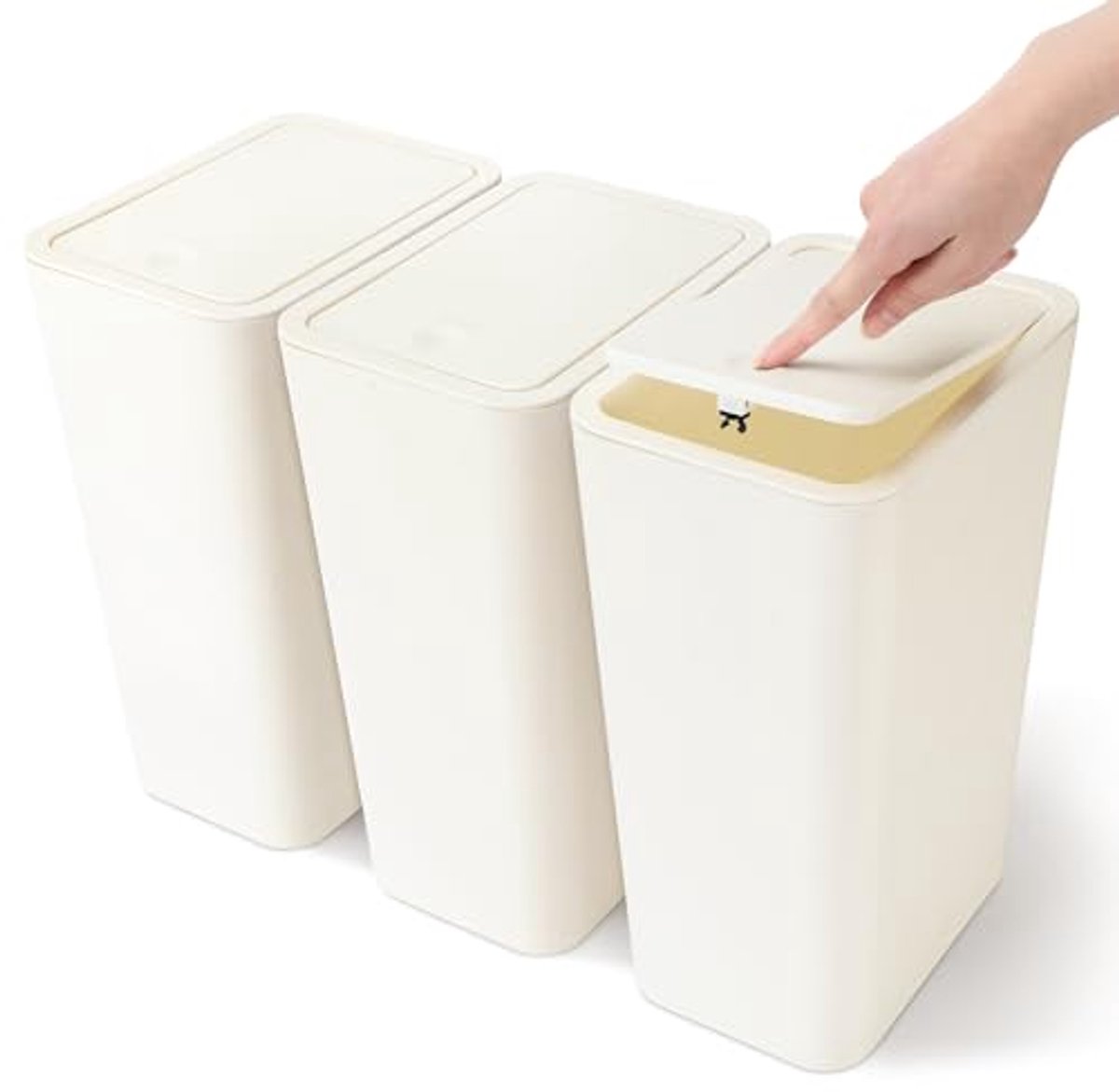 3-delige set mini-vuilnisemmers met pop-up deksel - moderne afvalemmer voor woonkamer, slaapkamer, keuken, toilet en kantoor - 10 liter (beige)