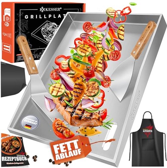 BBQ-Toro Roestvrijstalen grillplaat, 26 x 44,5 cm, BBQ-grill Plancha, rechthoekig, universeel en massief, grillplaat voor houtskool en gas