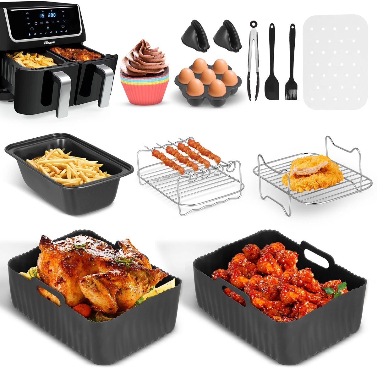 Fubzz Dual Zone Luchtfriteuse Accessoires - 13 delige set - Voor Ninja AF300EU AF400EU Princess Innsky Emerio Devology - 7.6L-9.5L - BPA vrij