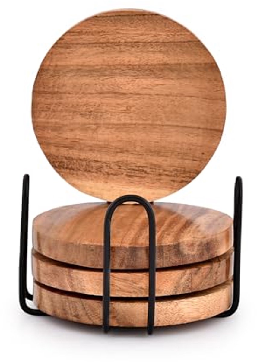 Acacia houten onderzetters met standaard voor dranken - Set van 4