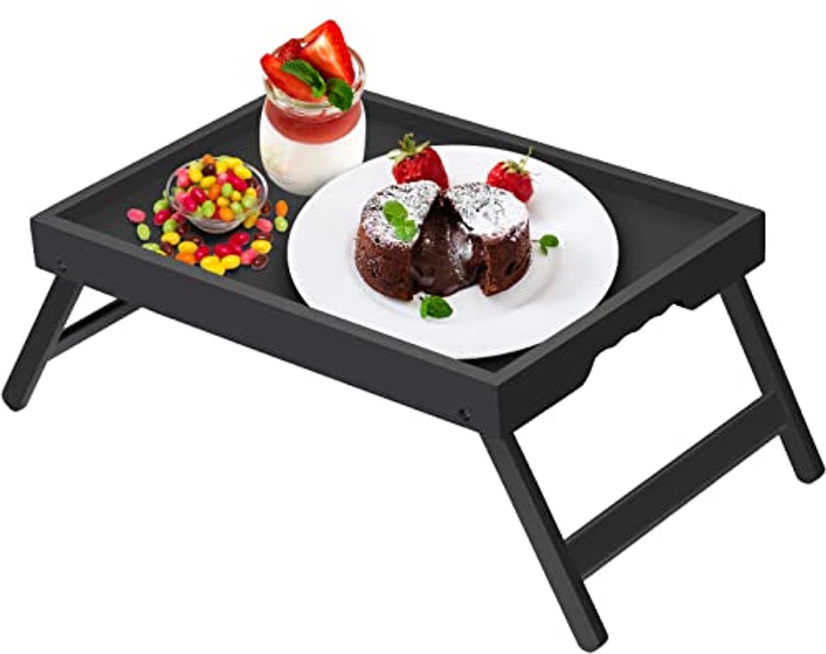 Bamboe Bedlade Tafel met Inklapbare Poten voor Ontbijt en Snacks
