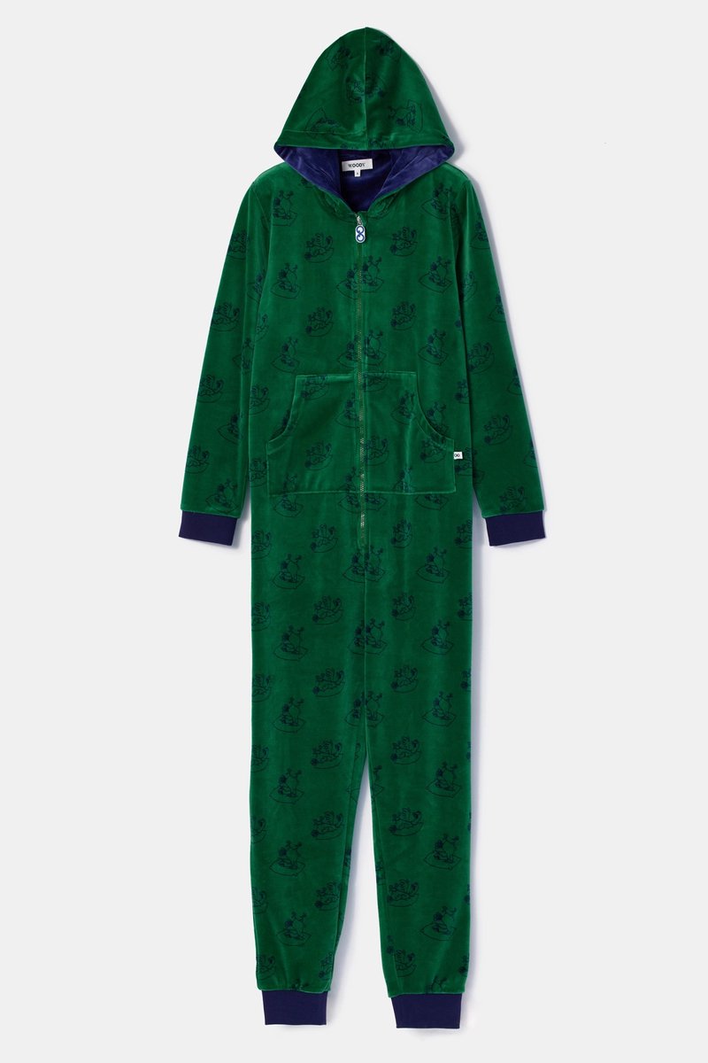 Woody onesie unisex velours - groen - duiven all-overprint - 252-10-ONE-V/917