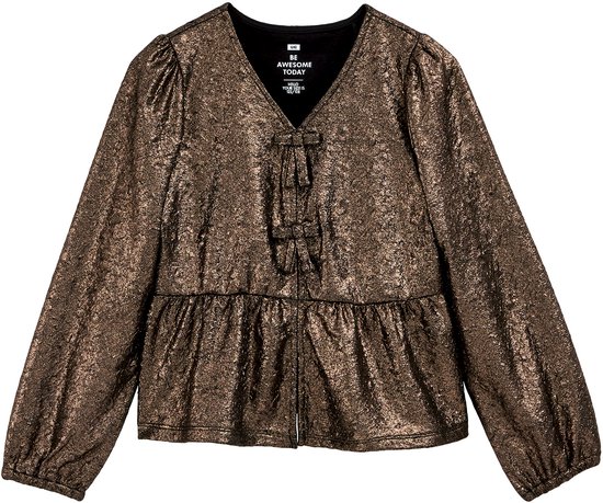 Bruin metallic peplum T-shirt met strikdetail, pofmouwen en V-hals.